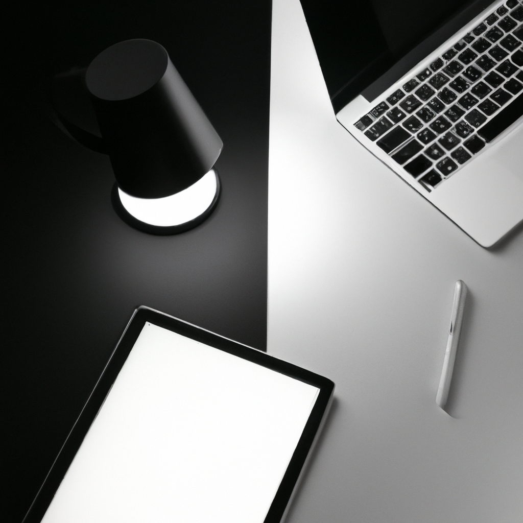 Ultra-minimalist monochrome workspace top-down, high-contrast grid showing ordered systems thinking visual